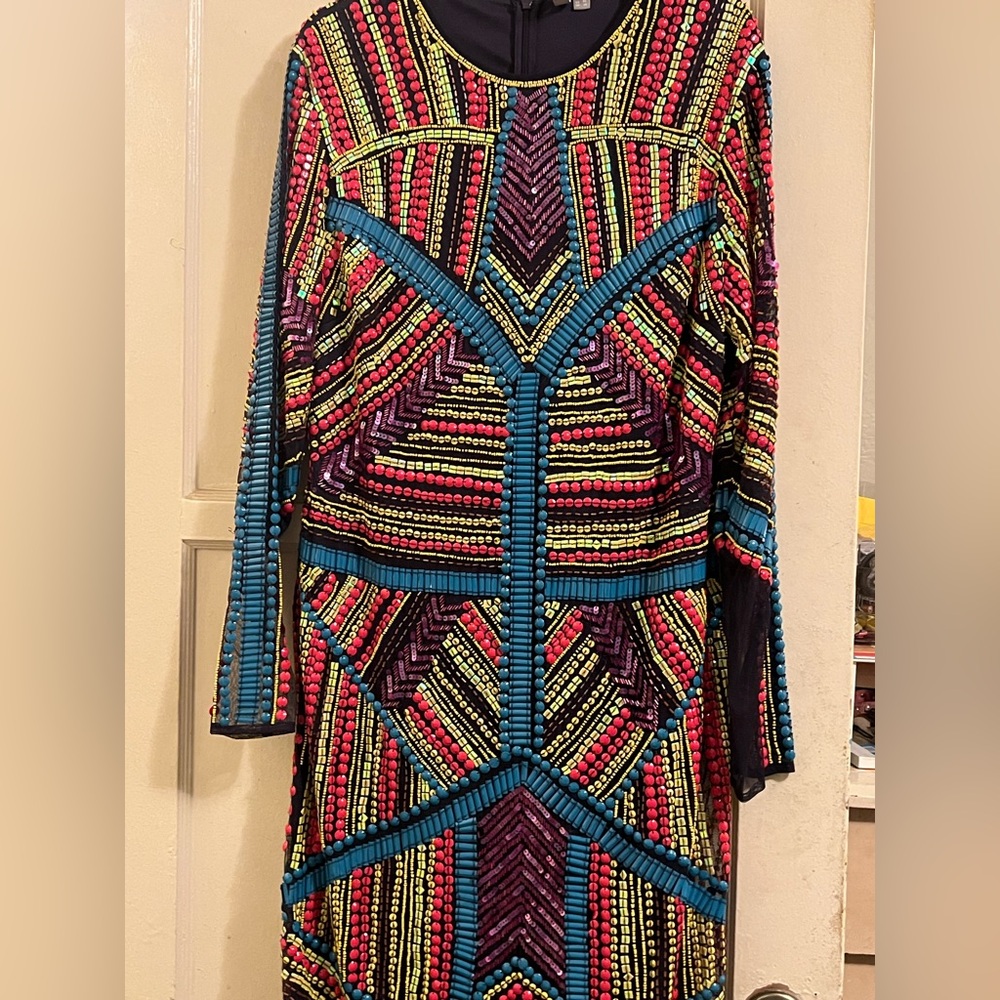 ASOS Geometric Pattern Dress beaded lightly worn Sz 14 (see pics for details)
